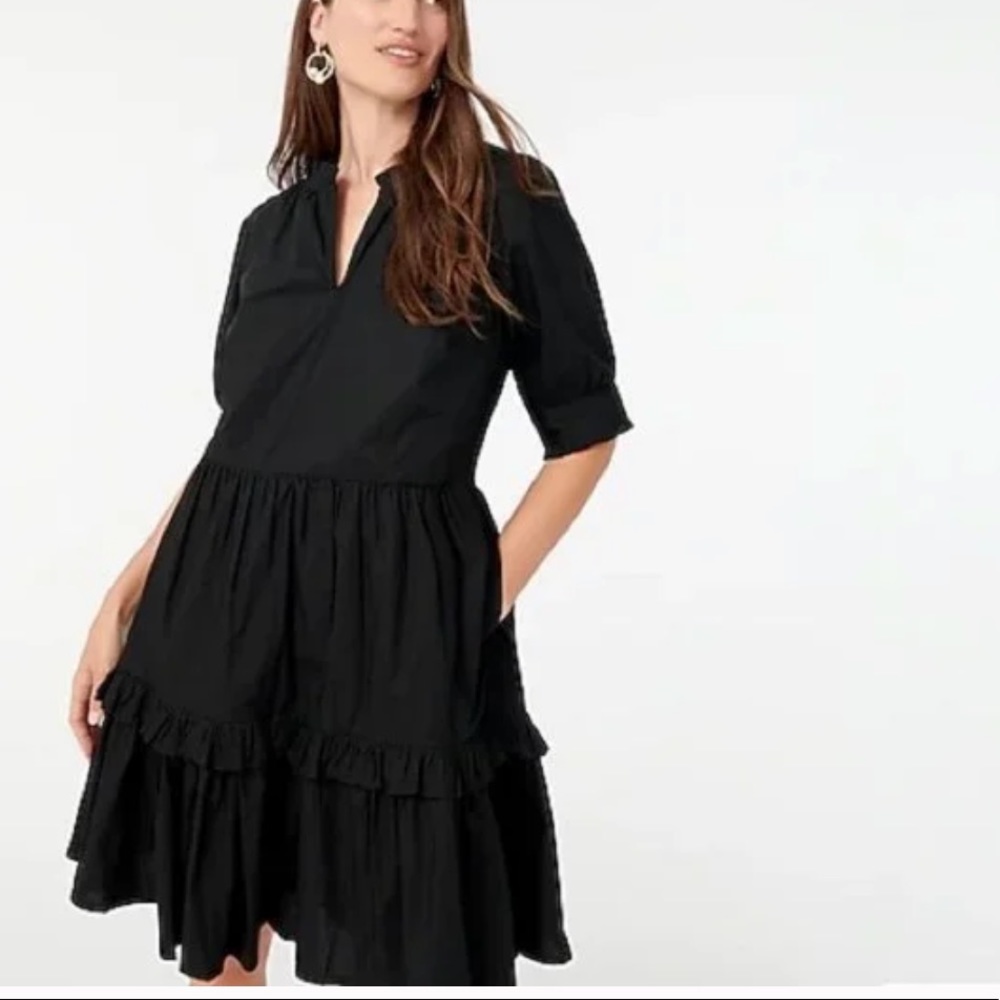J. Crew Black Ruffle Tiered Cotton Popover Knee Length Dress